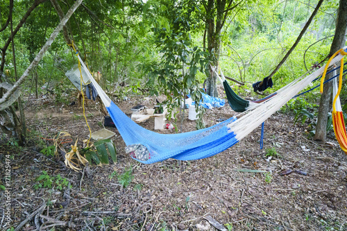 Hammock on the trees in tropical slums of Mexico