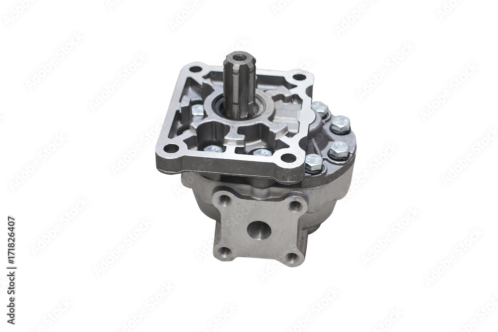 oil gear pump of the hydraulic system of the tractor on isolated background oil gear pump of the hydraulic system of the tractor on isolated background