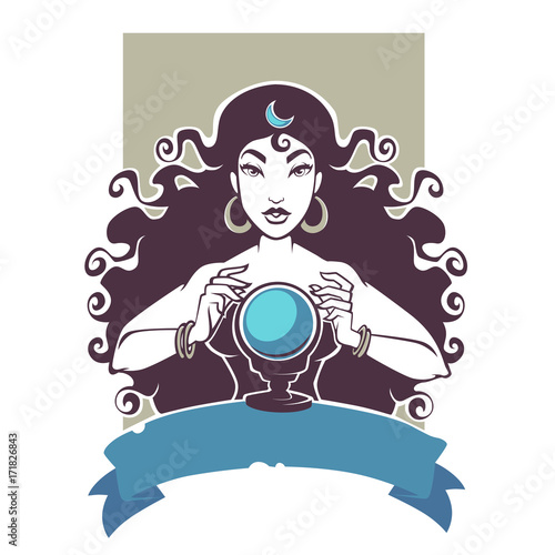 fortune teller, beautiful gypsy girl reading future on crystal ball