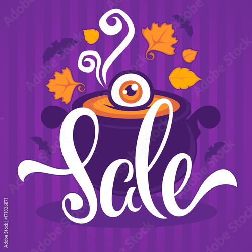 happy Halloween sale, banner flyer, card template with horror potion and lettering composition
