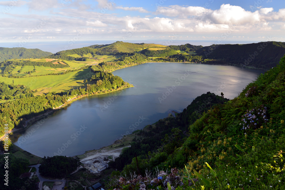 valley of furnas (azores) with crater lake and chapel 