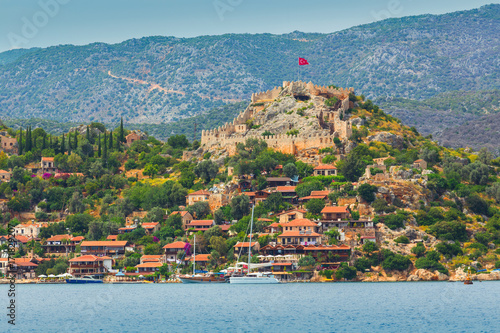 Fototapeta Naklejka Na Ścianę i Meble -  Beautiful panoramic view on island Kekova and the castle Simena on top of hill