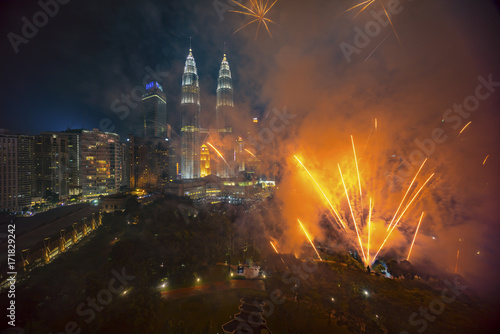 Photography Fireworks display show over Kuala Lumpur city skyline