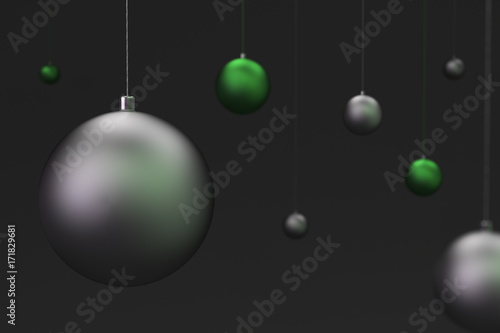 Set of green and silver christmas balls on black background