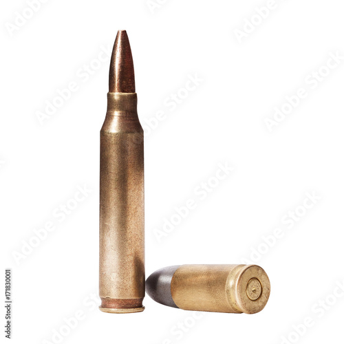 5.56x45mm NATO intermediate cartridges isolated on white.