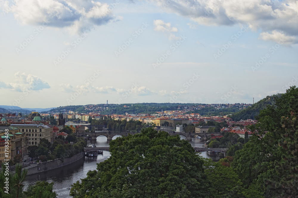 Scenic view of historical center of Prague, buildings and landmarks of old town and bridges on the Vltava river Prague,Czech Rapublic