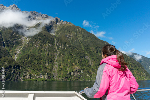 Woman Tourist on Ship Deck in Milford Sound
