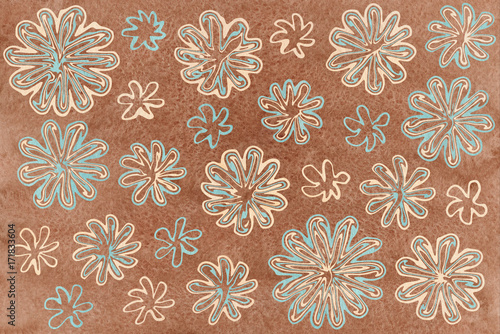 Watercolor abstract flowers on brown background