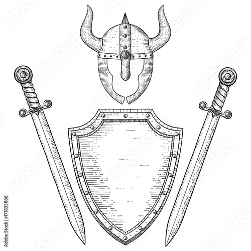 Warrior accessories. Shield, swords, helmet. Hand drawn sketch