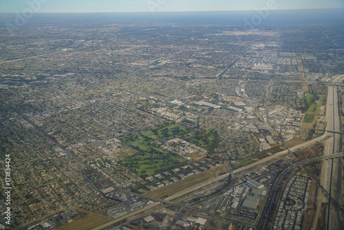 Aerial view of Downey, view from window seat in an airplane