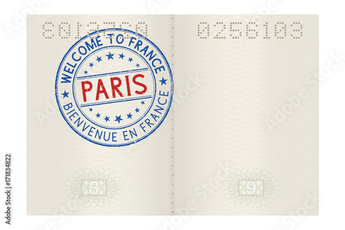 Passport pages with Welcome to Paris stamp. Tourist colored sign