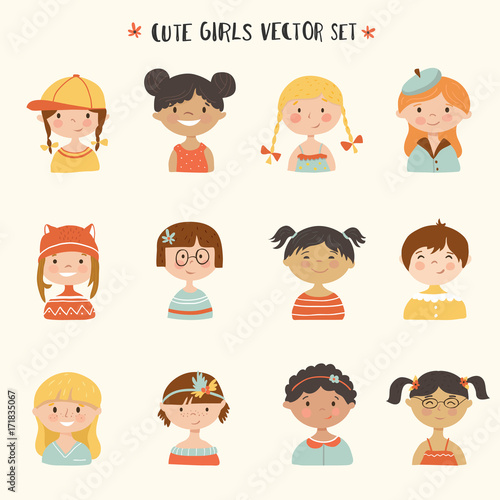 Cute girls smiling, cartoon avatar icons, vector set.