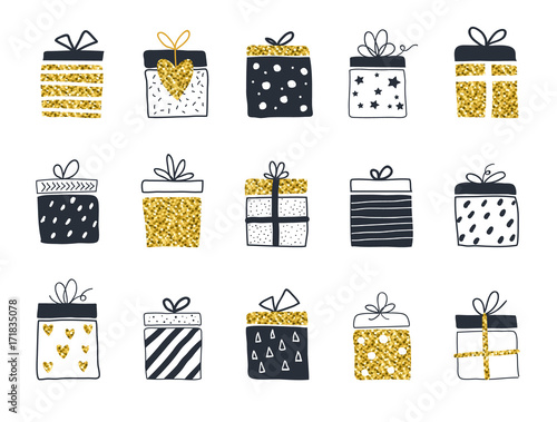 Gift boxes set, hand drawn Scandinavian style. Gold and black color, vector illustration
