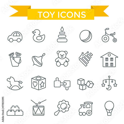 Toys icon set, thin line, flat design