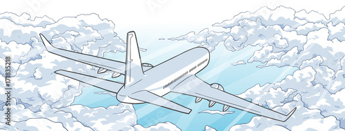 Illustration of airplane flying over clouds