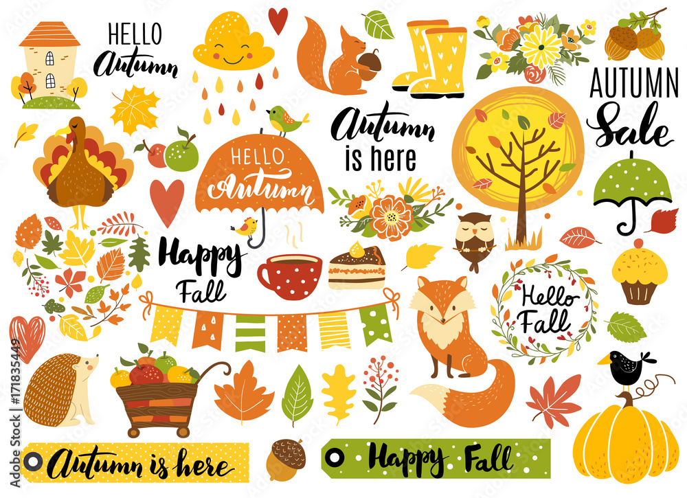 Obraz premium Jesienny zestaw, ręcznie rysowane elementy - kaligrafia, jesienne liście, zwierzęta leśne, wieńce i inne. Idealny dla sieci, karty, plakatu, okładki, tagu, zaproszenia, zestawu naklejek. Ilustracji wektorowych