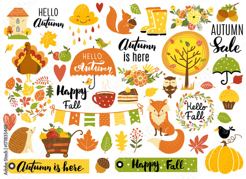 Autumn set  hand drawn elements- calligraphy  fall leaves  forest animals  wreaths  and other. Perfect for web  card  poster  cover  tag  invitation  sticker kit. Vector illustration