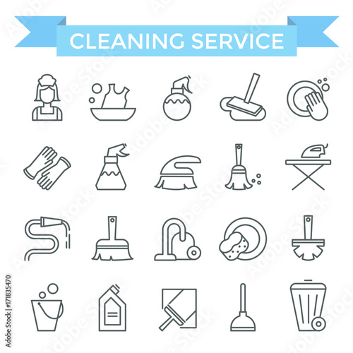 Cleaning service icons, thin line, flat design