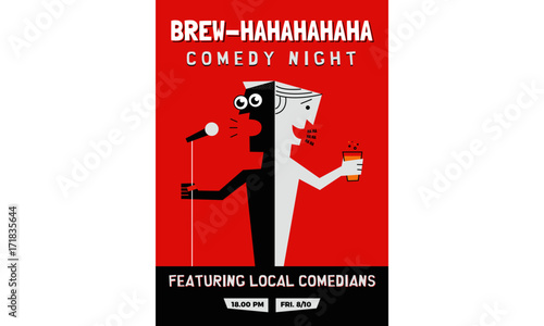  Stand up Comedy Poster with Textbox Template. A guy holding mic. A guy holding beer glass. Vector Illustration.