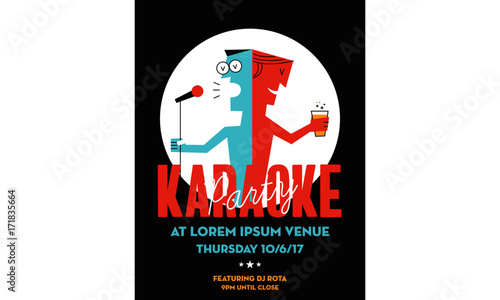 Karaoke Party Invitation Poster Design with Textbox Template. Karaoke night flyer design. A guy holding mic. A guy holding beer glass. Vector Illustration. EPS 10