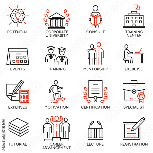 Vector set icons related to career progress, corporate management, business people training and professional consulting service. Mono line pictograms and infographics design elements - part 2