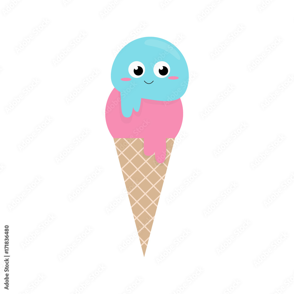 Cute ice cream in cornet, vector illustration drawing. Two scoops of ice cream with kawaii face, isolated on white background. Graphic print. Cute ice cream in cornet, vector illustration drawing. Two scoops of ice cream with kawaii face, isolated on white background. Graphic print.