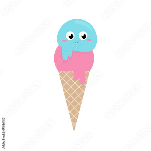 Cute ice cream in cornet, vector illustration drawing. Two scoops of ice cream with kawaii face, isolated on white background. Graphic print.