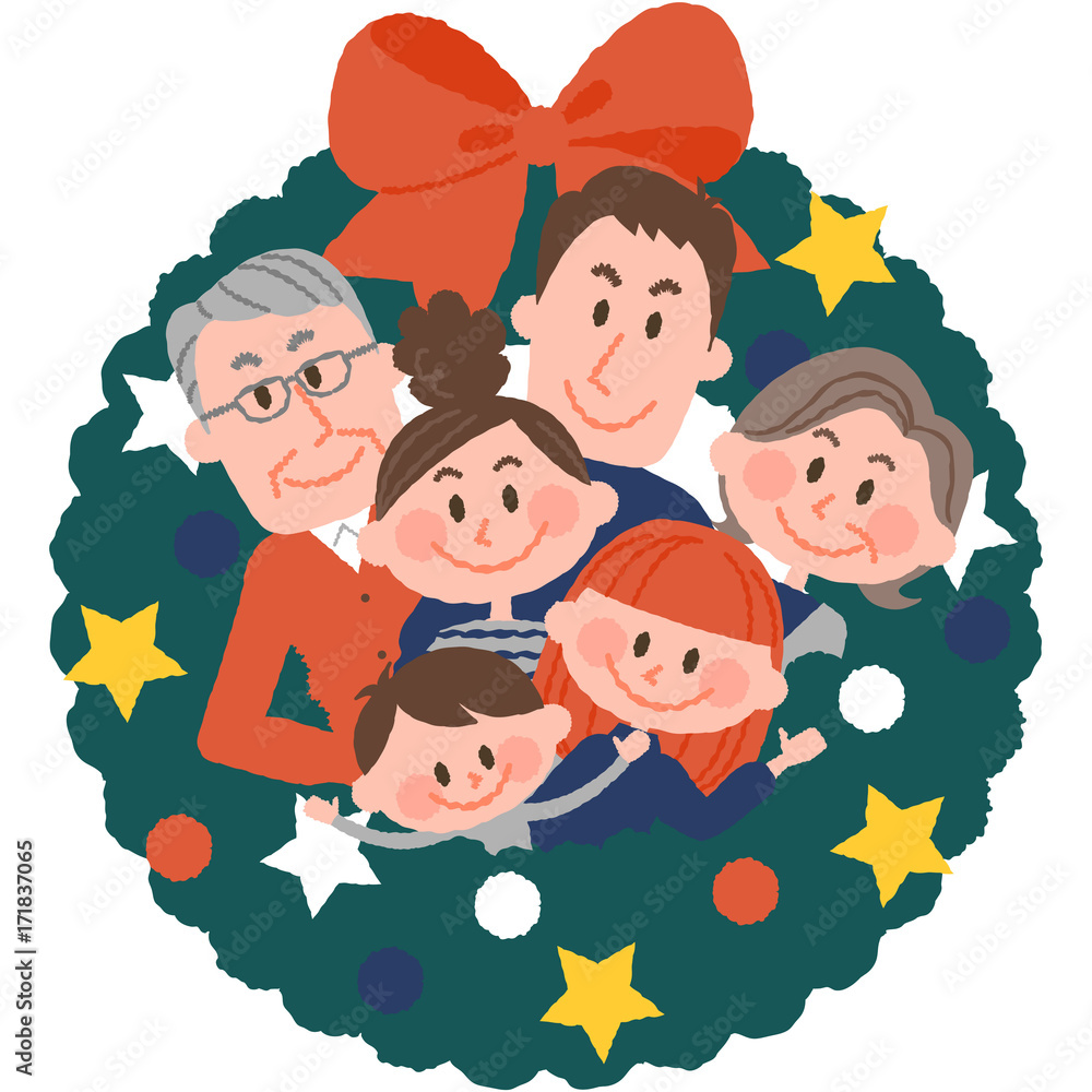 vector illustration of a family with christmas wreath