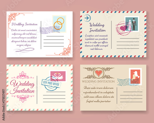 Vintage wedding postcard vector templates. Old vector marriage invitation postale cards for scrapbook or save date letters