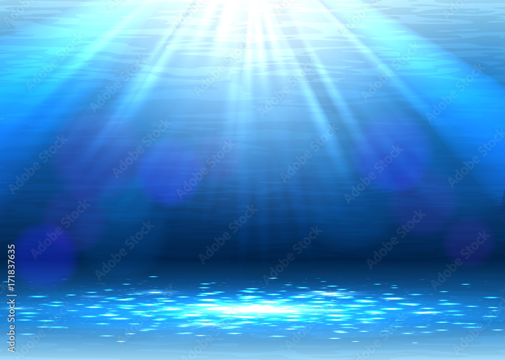 Abstract blue underwater background with light rays, vector illustration