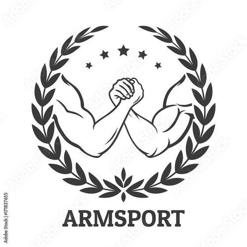 Arm wrestling logo with two men hands, stars and laurel wreath. Vector illustration