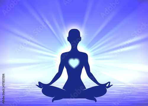 Meditation yoga woman silhouette on blue sunrise background, vector illustration