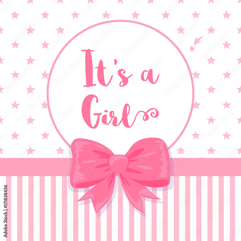 Baby shower card with a bow, crown and pattern. It's a girl lettering.