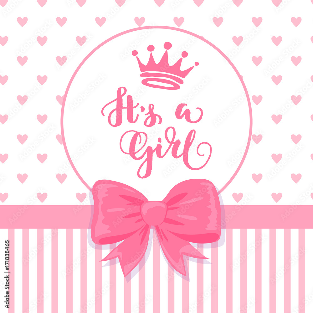 Baby shower card with a bow, crown and hearts pattern.