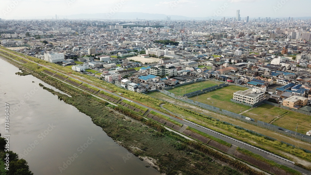 大和川から空撮～大阪市・ハルカスを望む～