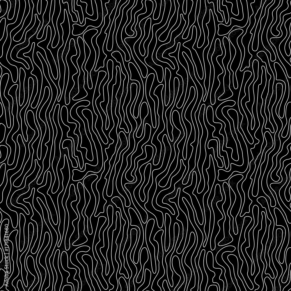 Seamless abstract vector pattern. Black-and-white drawing. Thin white wavy line on a black background.