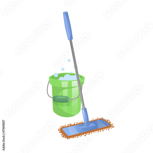 Cartoon house and apartment cleaning service icon. Modern plastic blue dry mop with handle and green bucket with washing liquid. Simple colors and gradient vector illustration.