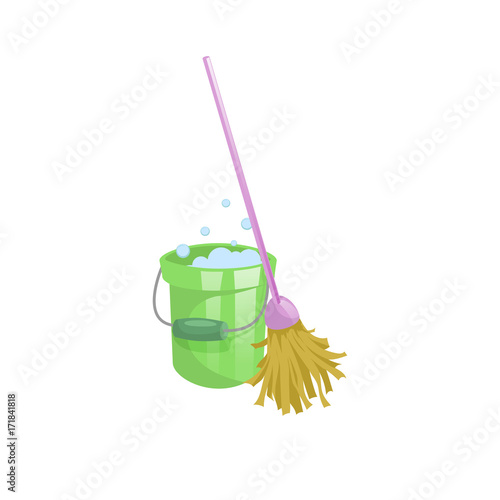 Cartoon house and apartment cleaning service icon. Old dry mop with handle and green plastic bucket with bubbles. Simple colors and gradient vector illustration.