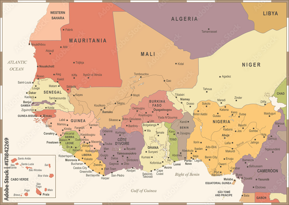 Fototapeta premium West Africa Map - Vintage Vector Illustration