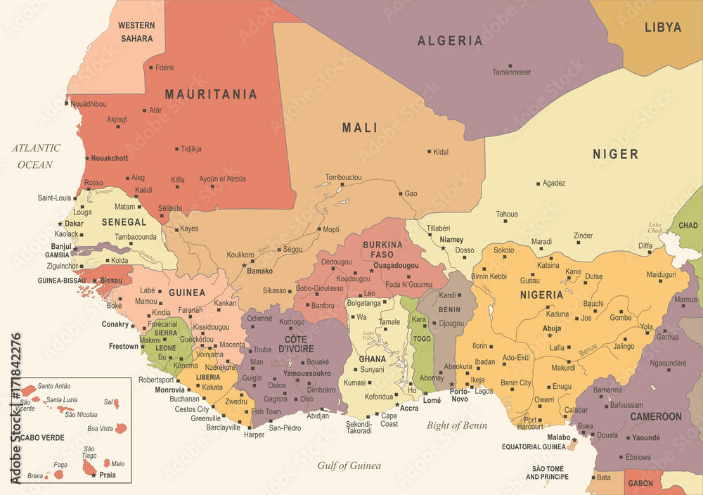 West Africa Map - Vintage Vector Illustration