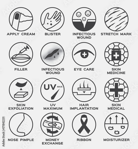 skin icon vector / cream blister infected wound stretch mark filler eye care medicine hair implantation uv exfoliation nose pimple acne ribbon moisturizer money exchange
