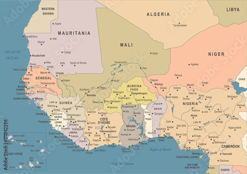 West Africa Map - Vintage Vector Illustration