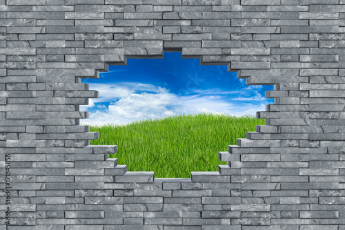 Billede på lærred hole in gray slate stone wall texture green grass meadow blue sky background / L