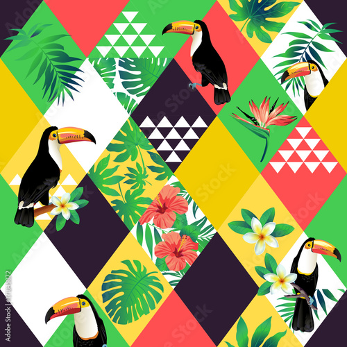 Exotic beach trendy seamless pattern, patchwork illustrated floral vector tropic leaves. Jungle pink toucan Wallpaper print background mosaic