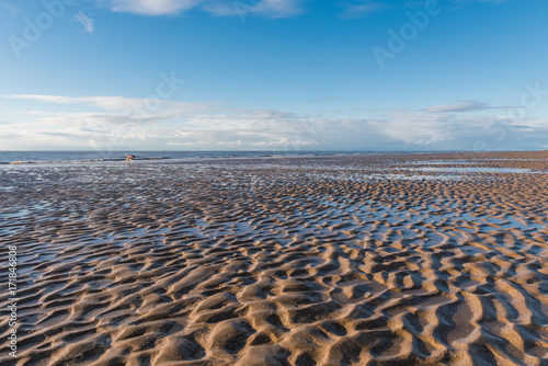 Beautiful blue sky and textured sand, on a cool sunny winters day at the beach © dannyburn