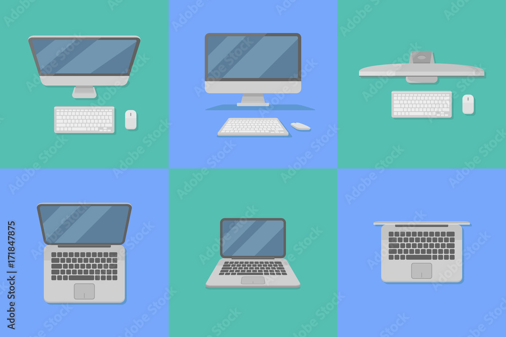 Set of desktop and laptop personal computers flat style icons. Vector illustration. Set of desktop and laptop personal computers flat style icons. Vector illustration.