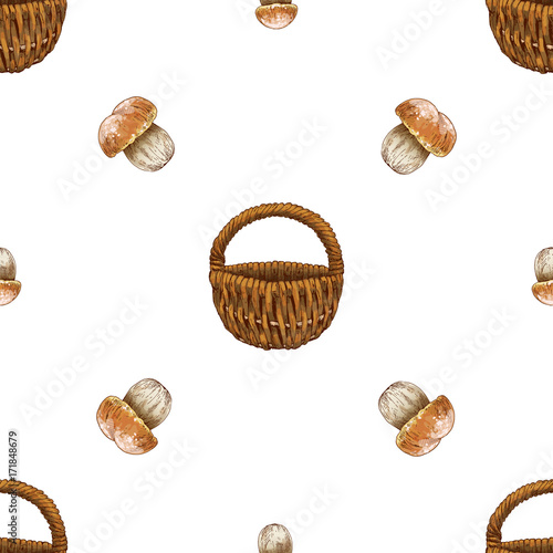 Hand drawn seamless pattern with mushrooms and wicker basket. Vector