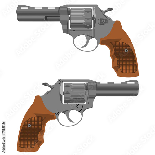Two sides of the revolver. You can animate the movement of the trigger. The length of the barrel is four inches. 