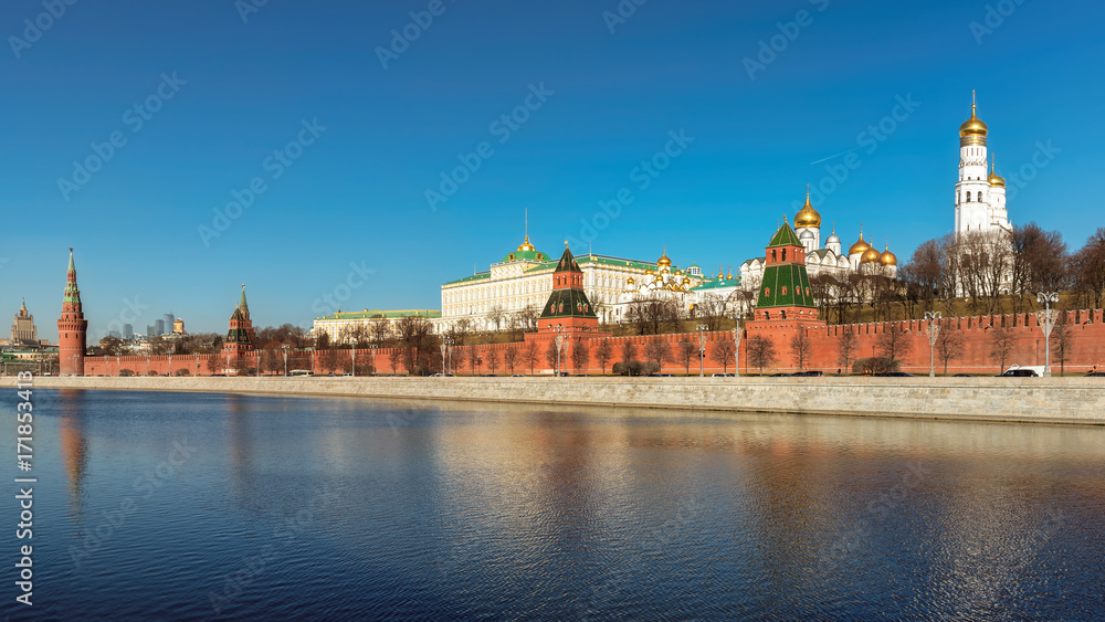 Panorama of the Moskva river with the Kremlin's towers in autumn, Moscow, Russia