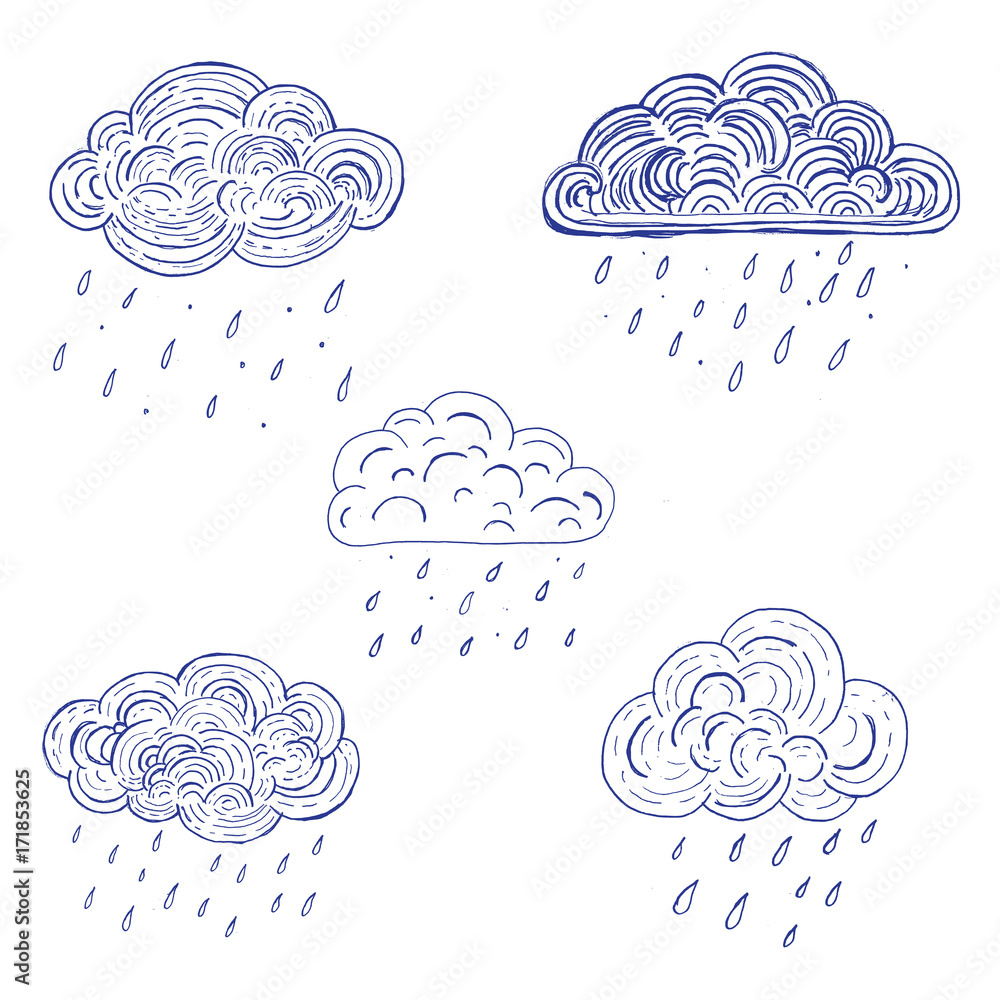 Set of hand drawn doodle clouds. Weather symbols. vector illustration ...